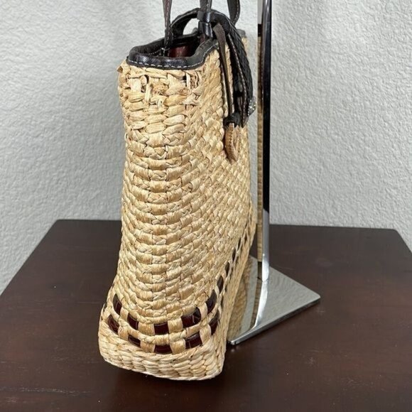 Brighton Straw Raffia Woven Handbag Brown Croc Double Strap Tote Shopper Tan - Picture 8 of 16